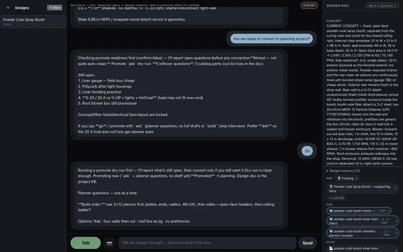 The design console for a powder coat spray booth: the conversation on the left where the agent runs a promote readiness check and lists five still-open questions, and on the right the design doc it has been writing — internal envelope, airflow in CFM, blower and motor specs, wiring — with linked knowledge bases, three CAD models carrying version histories, and a design-memory count of ten.