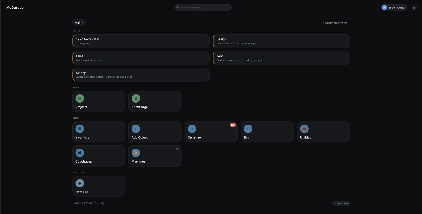 The MyGarage home screen: tiles grouped Work, Plan and Shop — a truck in progress, design, chat, jobs and money; projects and knowledge; inventory, add object, organize, scan, utilities, codebases and machines.