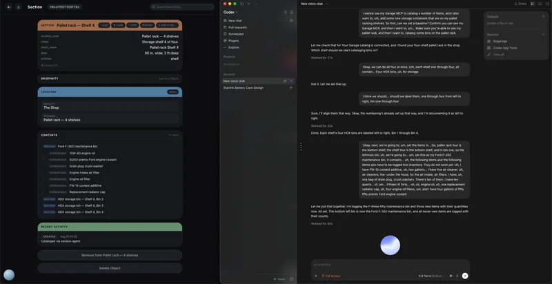 Two windows side by side: on the right a voice conversation with Codex about cataloging bins on a pallet rack; on the left the resulting MyGarage record for Pallet rack Shelf 4, listing a Ford F-350 maintenance bin with seven consumables inside it and three more HDX bins.