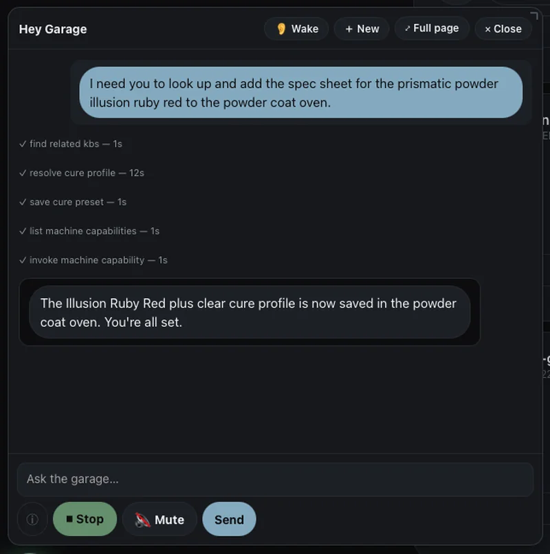 The Hey Garage chat panel: the request reads, I need you to look up and add the spec sheet for the prismatic powder Illusion Ruby Red to the powder coat oven. Five completed tool steps follow: find related KBs, resolve cure profile, save cure preset, list machine capabilities, invoke machine capability. The reply: the Illusion Ruby Red plus clear cure profile is now saved in the powder coat oven.
