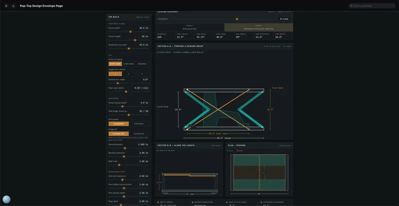 The solver near the end of its closing sequence: roof down to 21.9 inches, side intrusion 14.6 inches, and the plan view showing how every panel packs.