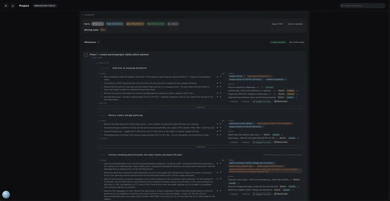 The same project expanded: each task carries numbered steps citing the service manual, a list of required tools, and its own parts with needed, ordered or received status and a Source button.