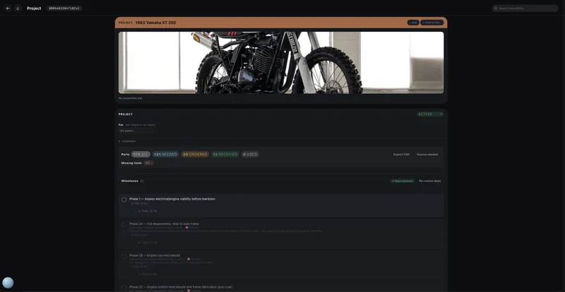 A project page for a 1983 Yamaha XT 250: cover photo, status Active, a parts rollup reading 179 total with 131 needed, 35 ordered and 13 received, and eight milestones, several marked blocked until an earlier phase finishes.