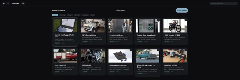 The projects page showing ten active builds as photo cards — a Starlink field case, a 1979 Toyota pickup, a powder coat oven, a spray booth, a 1983 Yamaha XT 250, a 1994 Ford F350, an L83 engine rebuild, a folding CNC plasma table, a 65 Ford Crown Vic swap and a LowRider V4 CNC — with filters for Active, Planning, Design, On hold, Complete and Sold.