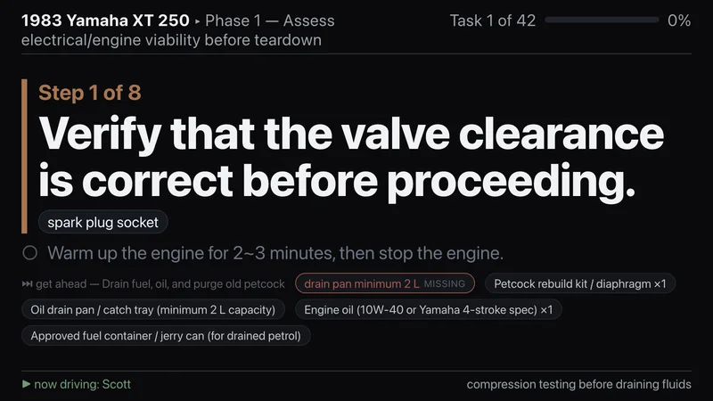 The same wall during a session on a 1983 Yamaha XT 250: step 1 of 8 in very large type, verify the valve clearance before proceeding, the spark plug socket it needs, the next instruction, and a get-ahead line for the following task with a drain pan flagged missing and the parts it will take.